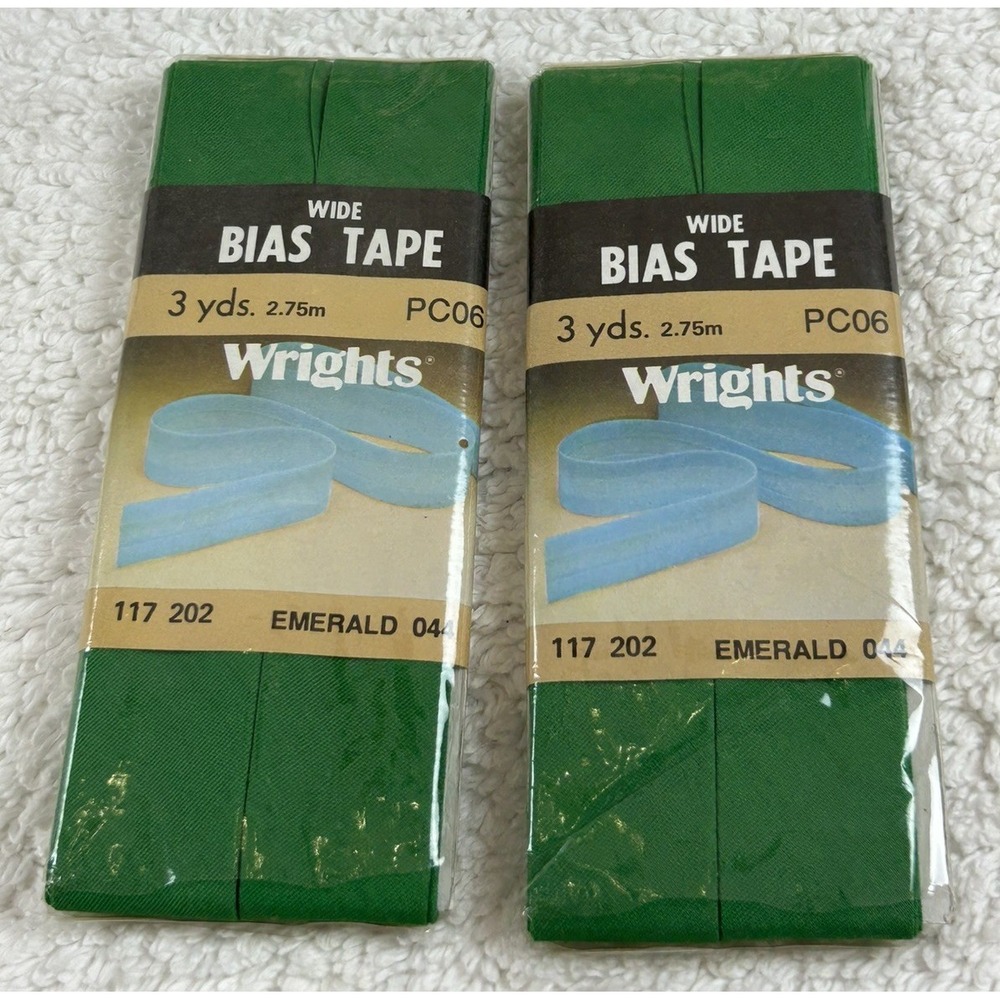 NOS 2 Pkgs VTG 1986 Wrights Poly/Cotton Wide Bias Tape EMERALD 044 117 202 3yds